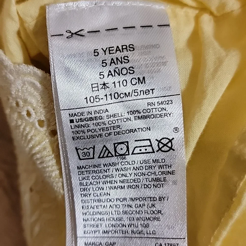 GIRL'S GAP YELLOW SUNDRESS WITH FLORAL EMBROIDERY ON SCALLOPED HEM, SIZE 5